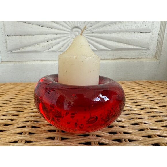 Vintage MCM Red Art Glass Votive Candle Holder Bullicante Bubbles - Picture 1 of 11